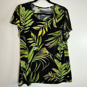 Susan Graver Liquid Knit Scoop Neck Flutter Sleeve Size Lg Black Green Leaves